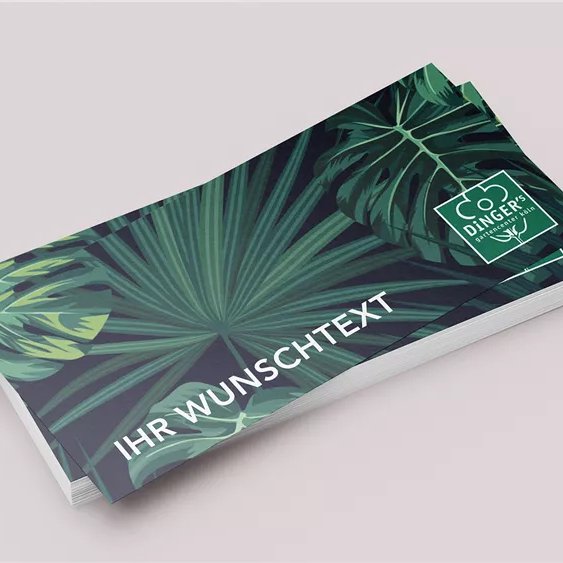 dingers-gutschein Eine grüne Gutscheinkarte mit Feld für Wunschtext-Eingabe auf grauem Hintergrund