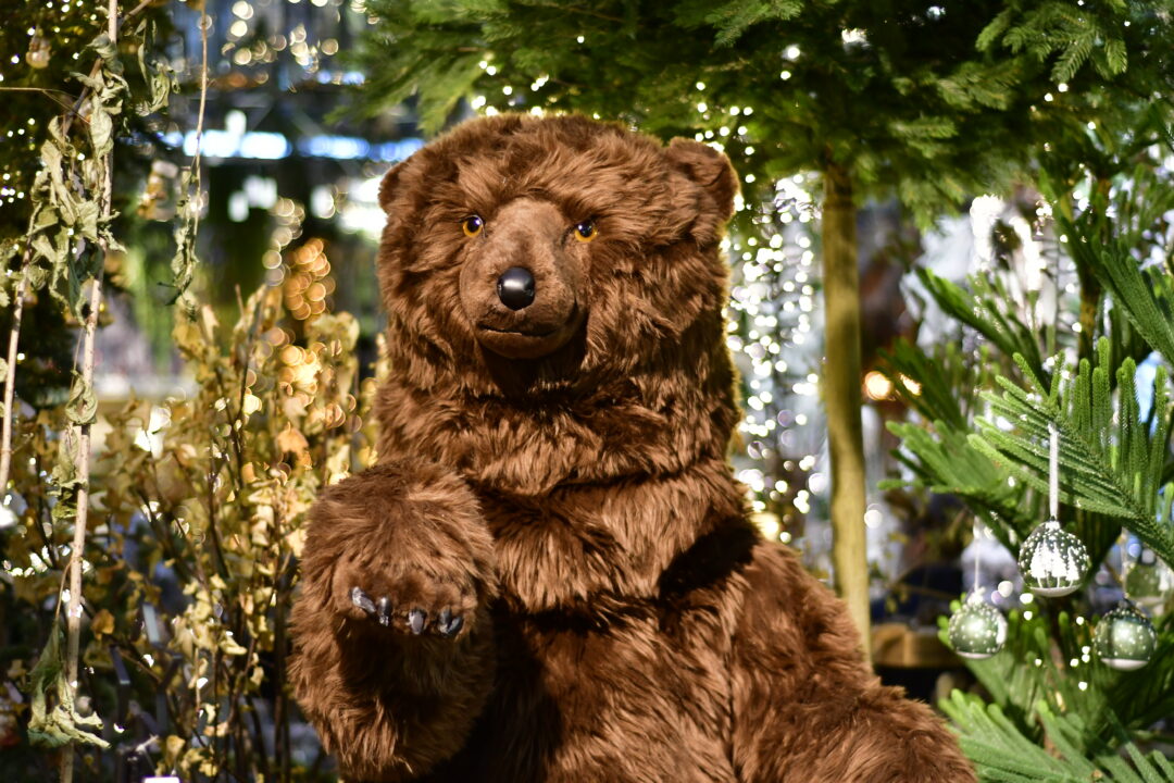 Ein großer Plüsch Bär aus unserem Weihnachtsbazar, umgeben von Bäumen und weihnachtlichen Dekoartikeln.